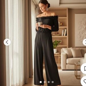 NWT Adrianna Papell Black Off-Shoulder Wide-Leg Jumpsuit